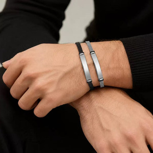 สร้อยข้อมือสแตนเลสสตีลคุณภาพสูงแบบถัก สำหรับสลักลาย DIY พร้อมสายหนัง PU ถัก สำหรับผู้ชาย - Product Image 5