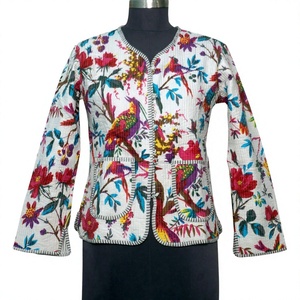 Chaqueta Acolchada Reversible Corta para Mujer, 100% Algodón Orgánico Tejido, Alta Calidad, 350g, Estilo Vintage con Parches de Animales, para Invierno - Product Image 1