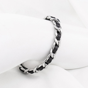 yunnique Unisex <b>Titanium</b> Steel Leather Woven <b>Chain</b> Bracelet 17cm 19cm Geometric Design Fashion Jewelry - Product Image 2