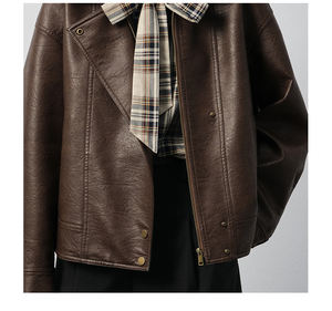 جاكيت جلد صناعي متين من VEGA CHANG بني مع سحاب إغلاق جاكيت جلد مريح ناعم الملمس للخريف والربيع - Product Image 2