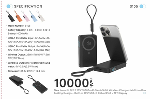 โลโก้ OEM แบตสำรองไร้สายแม่เหล็กแบบกึ่งแข็ง Qi2.2 25W ความจุ 10000mAh ชาร์จเร็ว 30W สายในตัว พร้อมขาตั้งโทรศัพท์ และหน้าจอ TFT - Product Image 2