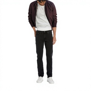 Jean en denim noir coupe slim pour homme, jambe droite, taille mi-haute, couleur unie, délavage classique, tissu en coton, style automne - Product Image 2