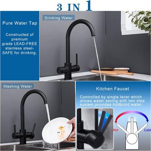 Đen 3 trong 1 nước tinh khiết nhà bếp <span class=keywords><strong>tap</strong></span>, Brass nước 3 Cách uống Mixer vòi nước, xách tay tri-flow Vòi nước lọc nước vòi - Product Image 2