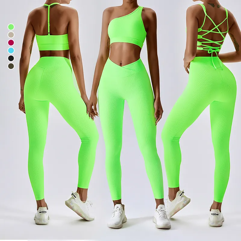 Summer New Design 4 PCS Threaded Gym fitness Yoga Sets One Shoulder Sports Bra Legging Gym Wear For Women