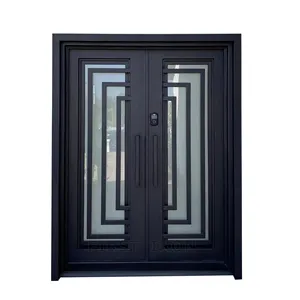 Exterior Pre-Hung Double Front Entry Door Wrought Iron with Operable Tempered Low E Clear Glass Inside Swing Dark Bronze Finish