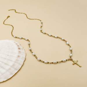 Yunan Vintage kişilik lüks çapraz kolye inci kolye Dainty paslanmaz çelik çapraz 14k altın kaplama armut uzun kolye - Product Image 2