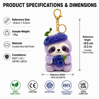Porte-clés en peluche personnalisé OEM ODM, motif paresseux aux myrtilles, mignon animal de café, breloque de sac, design chapeau de fruit, boîte cadeau imprimée sur mesure CE UKCA ASTM