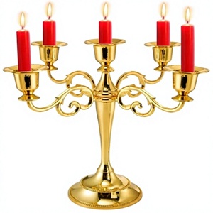 Golden Five-Arm Candelabra with <b>Red</b> LED Pillar <b>Candles</b> Flameless Home Decoration Wedding <b>Candle</b> Holder - Product Image 1