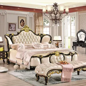 European Neoclassical All Solid Wood Carved French Luxury Genuine Leather Wedding Bed 2200mm Master Bedroom set