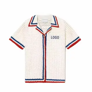 Blusa de malha de algodão com logotipo personalizado para homens, blusa de manga curta com botões plus size, blusa de malha macia para crochê, ideal para uso em ambientes abertos