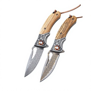 Cuchillo de bolsillo para acampar de acero de Damasco con mango de madera, hoja de punta caída y perilla de pulgar, juego de 2, OEM - Product Image 1
