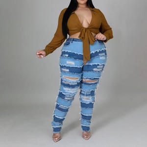 2025 New Style Women's Plus Size Casual Distressed Jeans Color Block <b>Stretch</b> <b>Denim</b> Pants with Logo on Waist New Design - Product Image 2