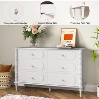 Commode blanche à 6 tiroirs pour chambre à coucher, commode de 47 pouces de large avec pieds tournés et poignées en céramique, commode double