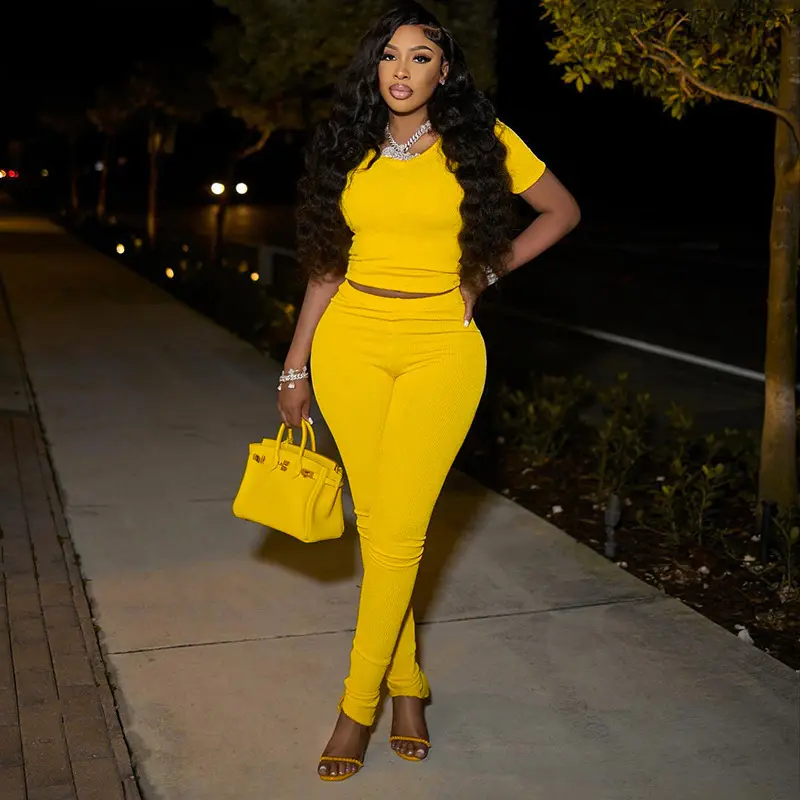 Damenkleidung damen gelbe Ausschnitt-Top Zweiteilige Hosen-Set Outfits hohe Taille lässige Damen-Sets