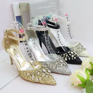 Hot sale OEM Fashion stiletto shoes Pointed Toe Thin Heels ankle strap rhinestone heels for women Wedding and Party