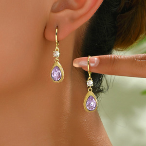 Water Drop Shape Gold Plated Amethyst Dangle <b>Earrings</b> For Party Women Fashion Jewelry Bezel Setting Stainless Steel Ear <b>Post</b> - Product Image 1