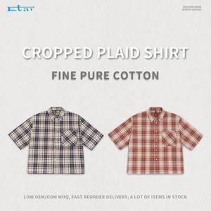 Manufacturer Custom Flannel Shirts 100% Cotton <b>Short</b> <b>Sleeve</b> Cropped Boxy Plaid <b>Button</b> <b>up</b> Shirt for Men - Product Image 5