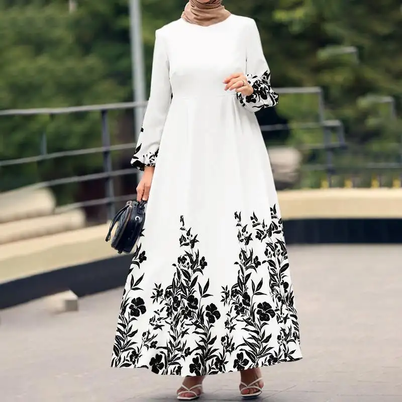 Gaun wanita musim semi Muslim jubah Kaftan Abaya bergaya gaun pakaian Islami lengan panjang cetak bunga