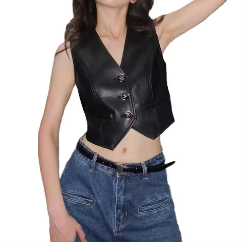 4109 Wholesale New Arrival Sheep Leather Vest Single Breasted Cropped Black Leather Jacket Vest for Woman