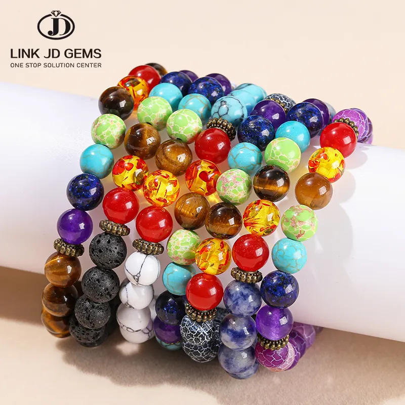 JD gemme naturale agata turchese in pietra intrecciata Yoga Reiki guarigione equilibrio bracciali colorato classico 7 Chakra perline bracciale