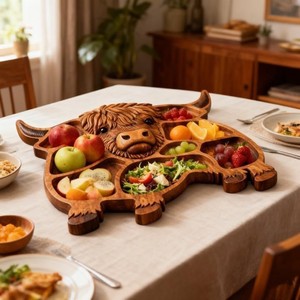 Tabla de charcutería de madera pulida con diseño de vaca, plato tallado para servir, bandeja seccional para queso y aperitivos para fiestas y cenas - Product Image 3