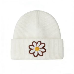 Fashion White Knitted Hat Lovely Small Daisy Embroidery Soft Warm Skullies Trendy <b>Winter</b> <b>Caps</b> Beanies - Product Image 1