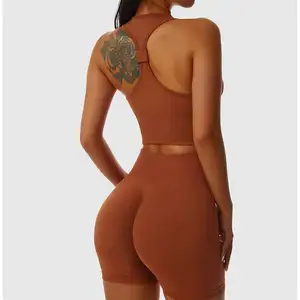 Atacado das Mulheres de manga curta cintura alta Nylon Seamless Vestuário Apertado Fitting Sports Suit