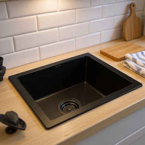 Lavello da Cucina Torva 14 Pollici Nero Lucido a Vasca Singola, da Incasso, in Acciaio Inossidabile con Rivestimento Ceramico, Design Rettangolare Contemporaneo - Product Image 2