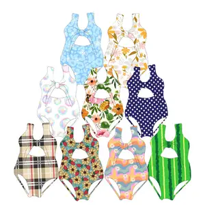 Boutique kids clothing swimsuit fabric baby girl swimwear bow design Summer beachwear