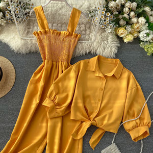 الربيع الخريف جديد الإناث عطلة نمط اثنين من قطعة بدلة الوقوف طوق قصيرة الأكمام سترة + حبال مطوي واسع الساق بذلة - Product Image 6