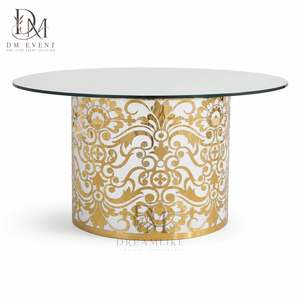 Table de banquet de mariage ronde personnalisée en acier inoxydable doré avec base en filigrane floral et plateau en verre trempé miroir - Product Image 2