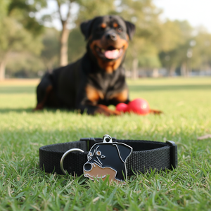 Medaglietta identificativa smaltata per cani Rottweiler con bordo argentato e design nero-marrone - Product Image 3