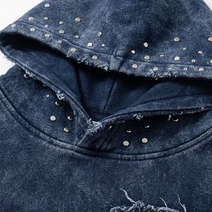 Tuta da uomo personalizzata in cotone pesante con cappuccio <span class=keywords><strong>termico</strong></span> in spugna, ricamo vintage, patch, lavaggio effetto strappato e strass 2ky - Product Image 2