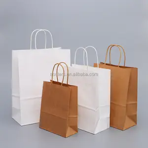 Toptan tam özel Logo baskılı kağıt alışveriş torbası saplı kahverengi ve kendi logonuzla beyaz Kraft kağıt torba