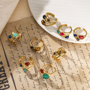 Bague ouverte vintage haut de gamme Taina pour femme, en acier inoxydable, avec pierre œil de tigre, style européen et américain, accessoire de main électroplaqué - Product Image 3