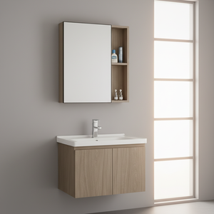 Meubles de salle de bain sur mesure en PVC, armoires de salle de bain économiques personnalisables avec lavabo en céramique - Product Image 1