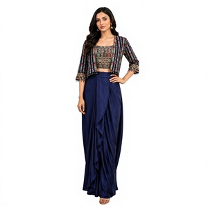 Women Navy Blue Embroidered Ethnic Dress Set With Floor-Length Skirt And Crop <b>Top</b> Loose Fit Party Wear India Pakistan Style - Product Image 1