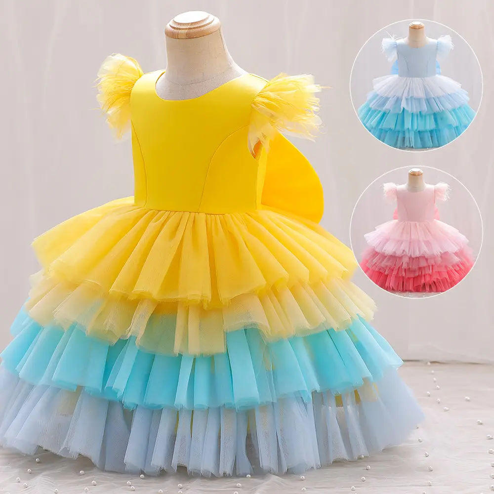 LZH 2022 New Cute Fashion Bow Cake Skirt Little Girl Catwalk Show Dress Baby One Year Old Christening Dress