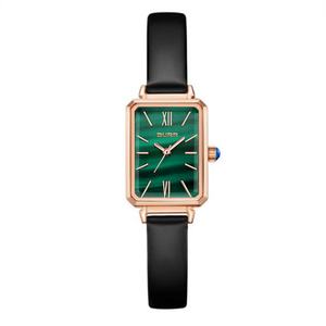 Montres-bracelets minimalistes pour filles, nouvelle arrivée OEM ODM, cadran carré vert, montre à quartz analogique, bracelet en cuir noir fin - Product Image 2