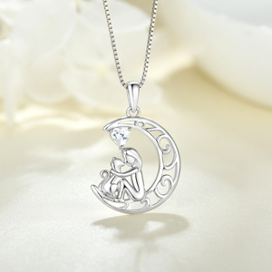 Lujo rodio plateado corazón Cubic Zirconia 925 plata esterlina amor gato media luna colgante collar joyería - Product Image 2