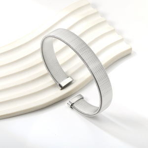 Stainless Steel Elastic Open <b>Bangle</b> For Women Geometric Line Design Fashion Jewelry <b>Bracelet</b> Gold <b>Silver</b> Color - Product Image 3