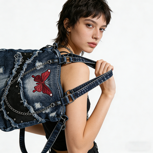 Bolso Tote de Mezclilla Desgastada Estilo Y2K con Bordado de Mariposa Roja y Remaches Punk, Bolso Bandolera Vintage Lavado <span class=keywords><strong>para</strong></span> <span class=keywords><strong>Mujer</strong></span> - Product Image 6
