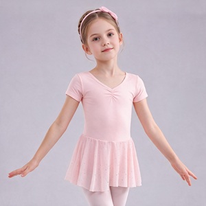 Kids Short Sleeve V Neck Ballet Leotard Dress, Pink <b>Glitter</b> Tulle Tutu <b>Skirt</b> Girls Gymnastics Dance Costume for Training Perform - Product Image 1