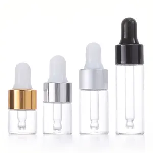 Campione riutilizzabile all'ingrosso 1ml 2ml 3ml 5ml bottiglia di siero di vetro vuota bottiglie di vetro di dimensioni mini trasparenti con contagocce in alluminio