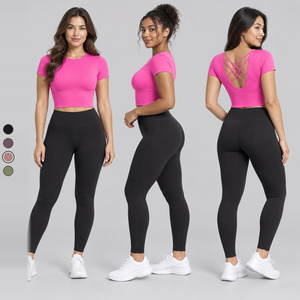 Top de Yoga Personalizado Rosa <span class=keywords><strong>Barbie</strong></span> con Espalda Cruzada y Manga Corta para Mujer LUXD011 para Yoga, Gimnasio, Correr, Entrenamiento, Ropa Deportiva OEM ODM - Product Image 1