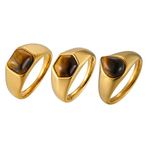 Bague en acier inoxydable avec incrustation de pierre œil de tigre naturelle en forme de cœur ovale et goutte d'eau, style vintage minimaliste, unisexe, empilable, pour usage quotidien - Product Image 6