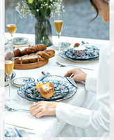Service de table en porcelaine rétro, motif floral, style britannique classique, bleu et blanc, assiettes de dîner durables, compatibles micro-ondes