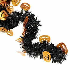 万圣节金属丝花环装饰南瓜丝带圣诞户外装饰道具黑色橙色派对塑料线花环