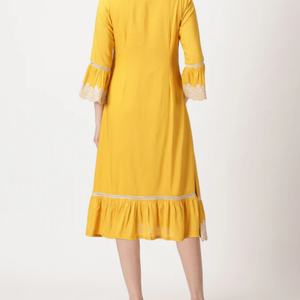 Vestido de Lino y Algodón para Mujer, Cuello en V, Casual, Corte en A, Mangas Abullonadas, Midi, Verano, Bordado - Product Image 5