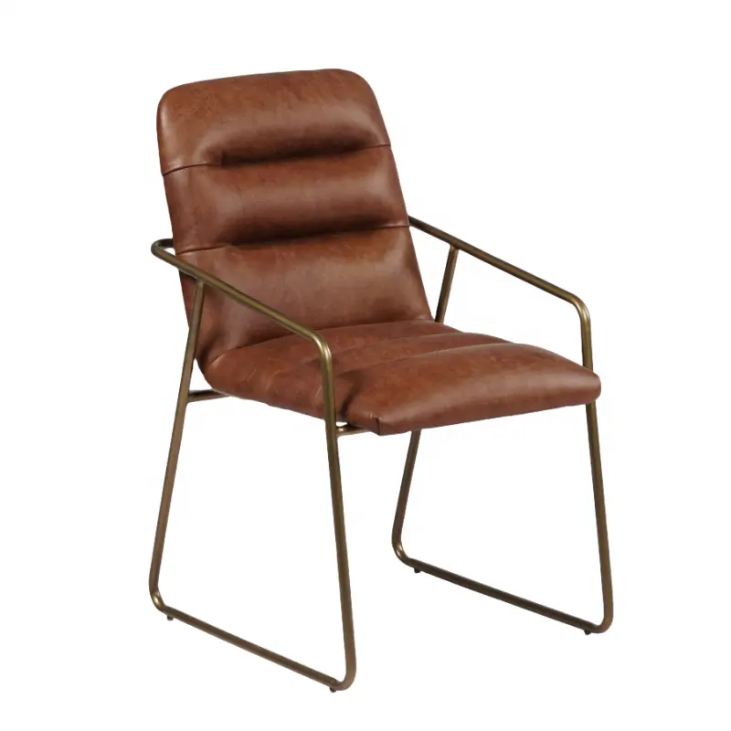 Groothandel Eigentijdse Vintage Leer Metalen Fauteuil Voor Eetkamer Gesmeed Ijzeren Frame Bruin Lederen Hoge Rugleuning Eetkamerstoel